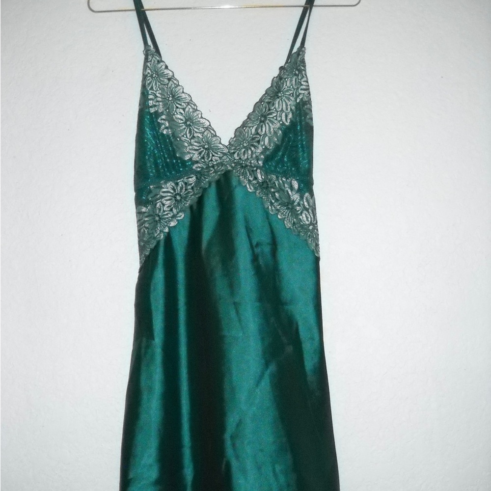 Emerald Green Satin Slip Vintage Dress with Lace Detail